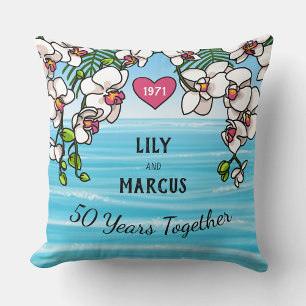 50th Anniversary Tropical Beach Orchids Throw Pillow