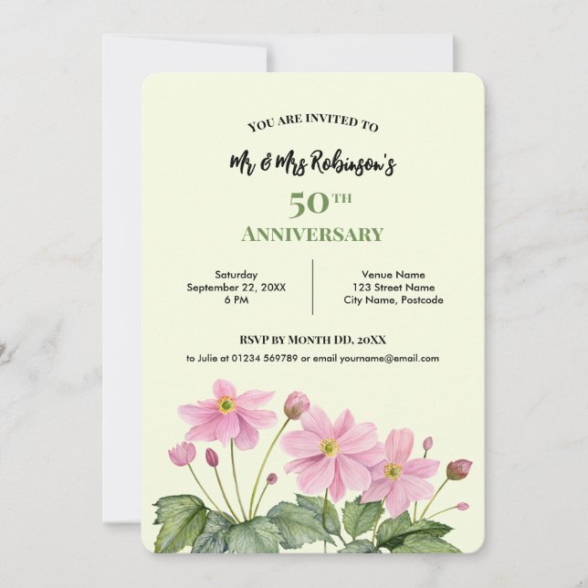 50th Anniversary Watercolor Pink Japanese Anemone Invitation (Front)