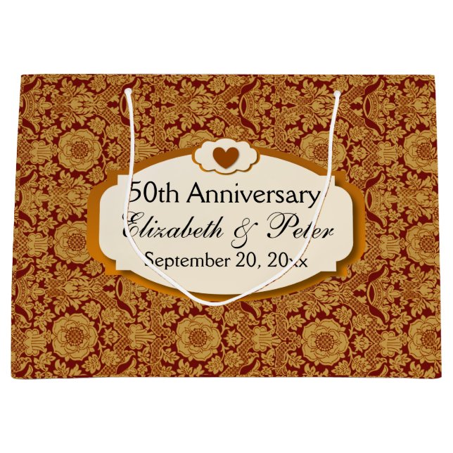 50th Anniversary Wedding Anniversary Gold Damask Large Gift Bag (Front)