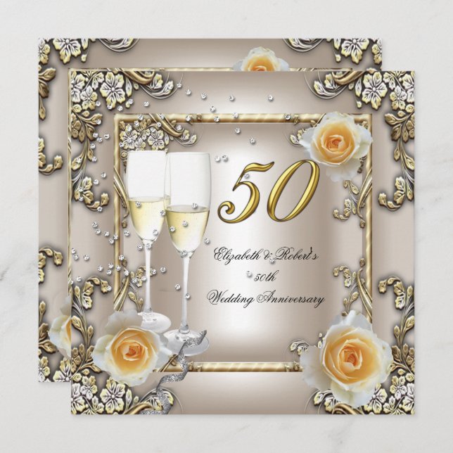 50th Anniversary Wedding  Cream Gold Rose Silver Invitation (Front/Back)