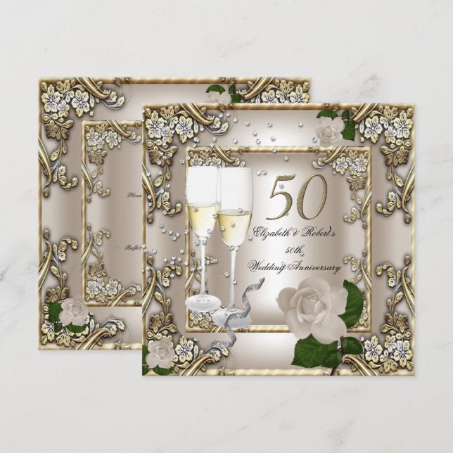 50th Anniversary Wedding  Cream Gold Rose Silver Invitation (Front/Back)