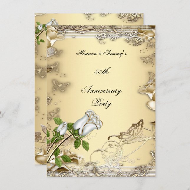 50th Anniversary Wedding Cream Rose Gold Invitation (Front/Back)
