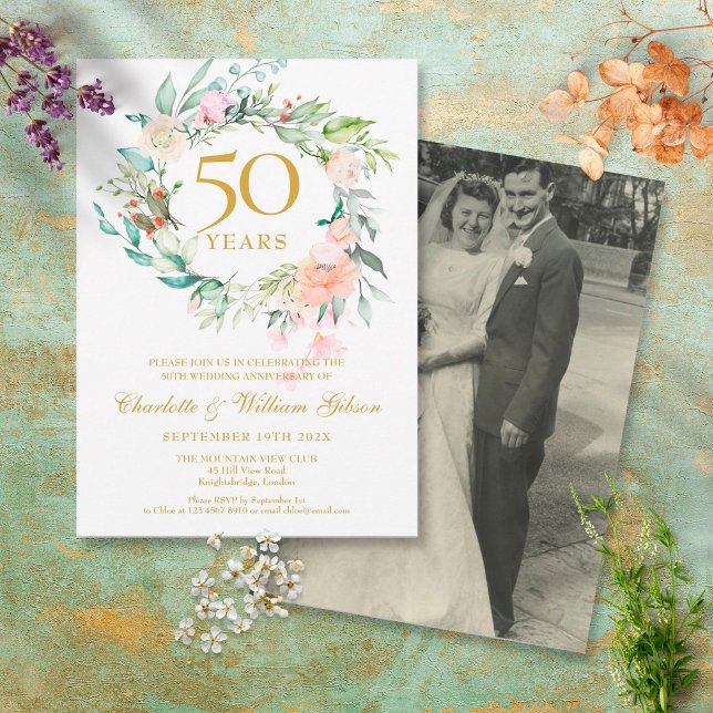 50th Anniversary Wedding Photo Floral Garland Invitation (Creator Uploaded)