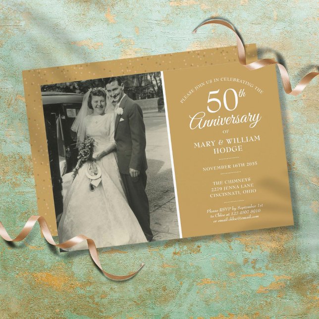 50th Anniversary Wedding Photo Gold Dust Confetti Invitation (Creator Uploaded)
