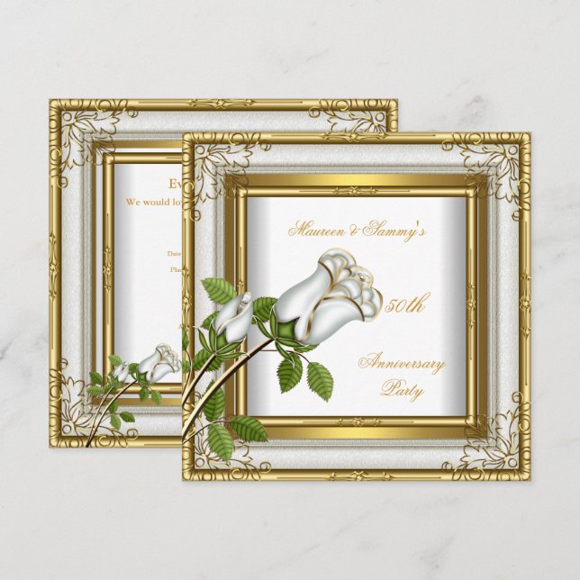 50th Anniversary Wedding White Rose Gold Elegant Invitation (Front/Back)