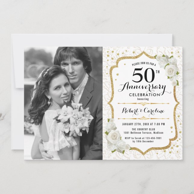 50th Anniversary with Photo - White Gold Invitation (Front)