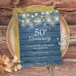 50th Anniversary Wood String Lights Save the Date Announcement Postcard<br><div class="desc">Featuring pretty string lights and delicate gold hearts confetti on a blue rustic wood background. Personalize with your special fifty years golden anniversary save the date information in chic lettering. Designed by Thisisnotme©</div>