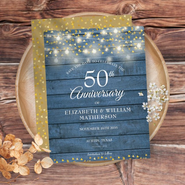 50th Anniversary Wood String Lights Save the Date Announcement Postcard (Creator Uploaded)