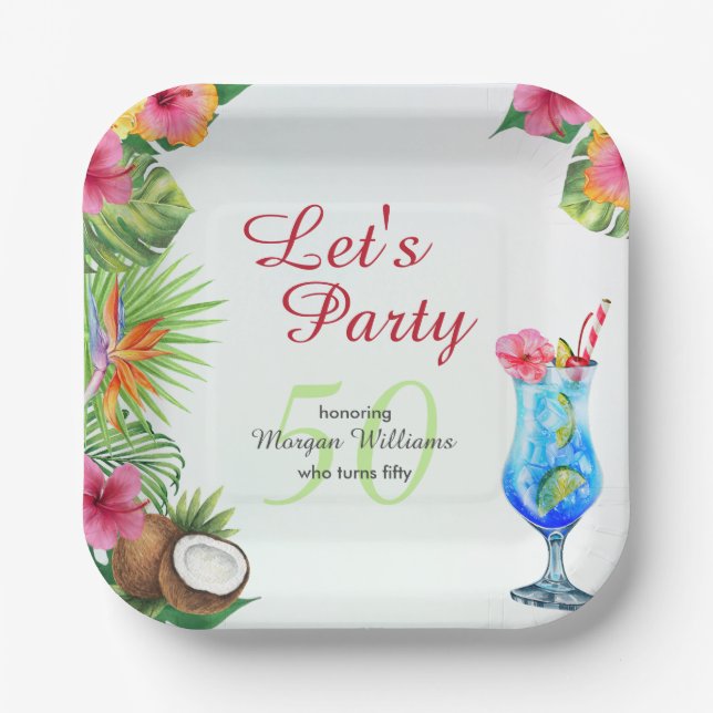 50th Bday Tropical Summer Dine & Cocktail Party  Paper Plate (Front)