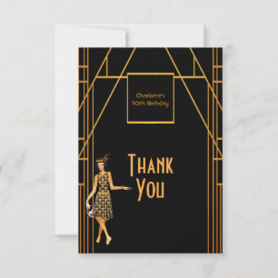 50th Birthday 1920's black gold art deco Thank you Card
