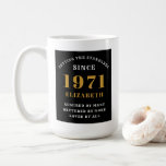 50th Birthday 1971 Black Gold For Her Personalized Coffee Mug<br><div class="desc">A personalized classic design for that birthday celebration for a special woman born in 1971. Add the name to this vintage retro style , white and gold design for a custom birthday gift. Easily edit the name and year with the template provided. A wonderful custom birthday gift. More gifts and...</div>