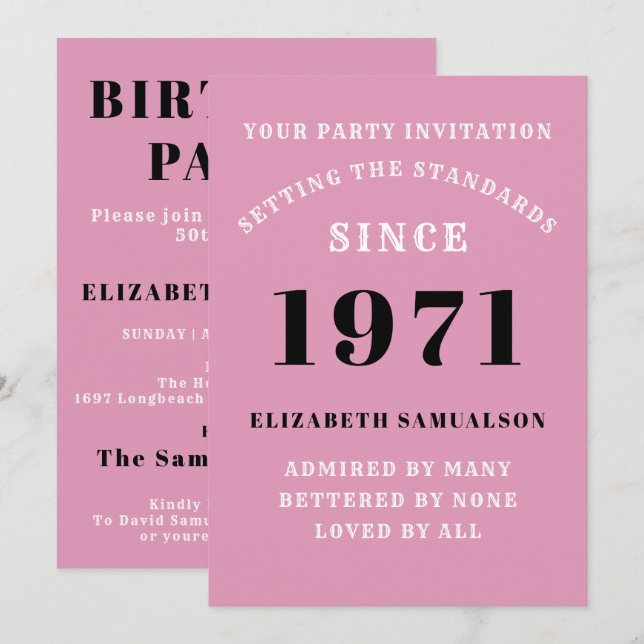 50th Birthday 1971 Black Pink Personalized For Her Invitation (Front/Back)