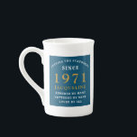 50th Birthday 1971 Blue Gold For Her Personalized Bone China Mug<br><div class="desc">A personalized classic design for that birthday celebration for a special woman born in 1971. Add the name to this vintage retro style , white and gold design for a custom birthday gift. Easily edit the name and year with the template provided. A wonderful custom birthday gift. More gifts and...</div>