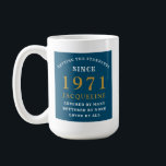 50th Birthday 1971 Blue Gold For Her Personalized Coffee Mug<br><div class="desc">A personalized classic design for that birthday celebration for a special woman born in 1971. Add the name to this vintage retro style , white and gold design for a custom birthday gift. Easily edit the name and year with the template provided. A wonderful custom birthday gift. More gifts and...</div>