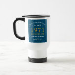 50th Birthday 1971 Blue Gold For Her Personalized Travel Mug<br><div class="desc">A personalized classic design for that birthday celebration for a special woman born in 1971. Add the name to this vintage retro style , white and gold design for a custom birthday gift. Easily edit the name and year with the template provided. A wonderful custom birthday gift. More gifts and...</div>