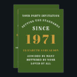 50th Birthday 1971 Green Gold Personalized For Her Invitation<br><div class="desc">For those born in 1971 and celebrating their birthday party we have the ideal birthday invitation card. The white and gold design is simple and yet elegant. Easily customize the text to the front and the rear of this birthday invitation card using the template provided. Part of the setting standards...</div>