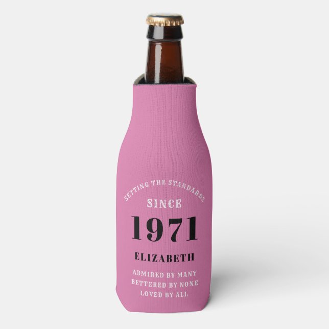 50th Birthday 1971 Pink Black For Her Personalized Bottle Cooler (Bottle Front)