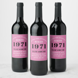 50th Birthday 1971 Pink Black For Her Personalized Wine Label