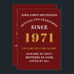 50th Birthday 1971 Red Gold Personalized For Her Invitation<br><div class="desc">For those born in 1971 and celebrating their birthday party we have the ideal birthday invitation card. The white and gold design is simple and yet elegant. Easily customize the text to the front and the rear of this birthday invitation card using the template provided. Part of the setting standards...</div>
