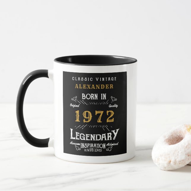50th Birthday 1972 Add Name Retro Black Gold  Mug (With Donut)