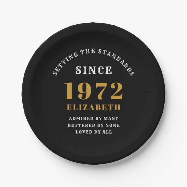 50th Birthday 1972 Elegant Chic Gold Black Paper Plate (Front)