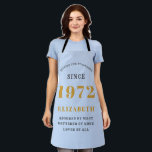 50th Birthday 1972 Elegant Gold Blue Grey Apron<br><div class="desc">A wonderful birthday gold design on an apron for that special celebration. Easily customize the text using the template provided. Part of the setting standards range of birthday supplies.</div>
