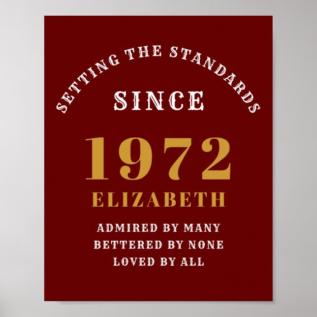 50th Birthday 1972 Elegant Red Gold Chic Poster (Front)