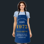 50th Birthday 1972 Elegant White Blue Gold Apron<br><div class="desc">A wonderful birthday gold design on an apron for that special celebration. Easily customize the text using the template provided. Part of the setting standards range of birthday supplies.</div>