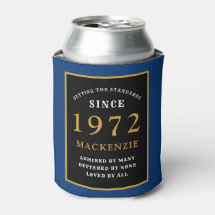 50th Birthday 1972 Name Elegant Blue Black Gold Can Cooler