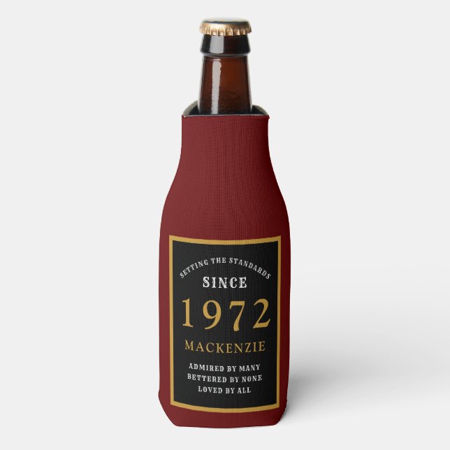 50th Birthday 1972 Name Elegant Red Black Gold Bottle Cooler (Bottle Front)