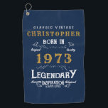 50th Birthday 1973 Add Name Legendary Blue Golf Towel<br><div class="desc">Vintage design any year "Original Quality Legendary Inspiration" golf towel. Add the name and year as desired in the template fields creating a unique 50th or any birthday celebration item. Team this up with the matching gifts,  party accessories,  and clothing available in our store www.zazzle.com/store/thecelebrationstore</div>