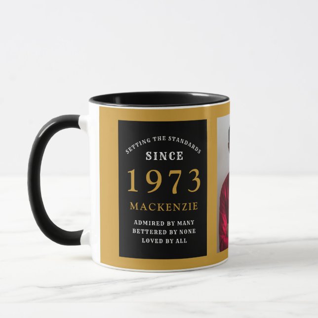 50th Birthday 1973 Black Gold Add Name Photo Mug (Left)
