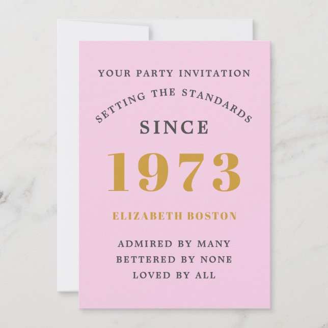 50th Birthday 1973 Pink Grey Add Name Year Invitation (Front)