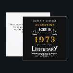 50th Birthday 1973 Retro Black Gold Greeting Card<br><div class="desc">Say Happy 50th Birthday. Add your name,  year and message to this personalized birthday greeting card. A wonderful custom black birthday card with white and gold vintage style typography. More gifts and party supplies available with the "Legendary" design in the store.</div>