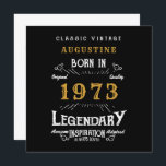 50th Birthday 1973 Retro Black Gold Greeting Card<br><div class="desc">Say Happy 50th Birthday. Add your name,  year and message to this personalized birthday greeting card. A wonderful custom black birthday card with white and gold vintage style typography. More gifts and party supplies available with the "Legendary" design in the store.</div>