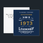 50th Birthday 1973 Retro Blue Gold Card<br><div class="desc">Say Happy 50th Birthday. Add your name,  year and message to this personalized birthday greeting card. A wonderful custom blue birthday card with white and gold vintage style typography. More gifts and party supplies available with the "Legendary" design in the store.</div>