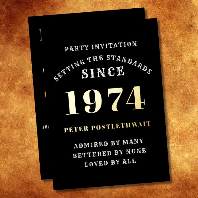 50th Birthday 1974 Black Gold Personalized For Him (Elegant Black and Gold Foil 50th Birthday Invitation - Create Your Own Personalized Design.)