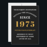 50th Birthday 1975 Black Gold Personalized For Him Invitation<br><div class="desc">For those born in 1975 and celebrating their 50th birthday party we have the ideal birthday invitation card. The black background with a white and gold design is simple and yet elegant. Easily customize the text to the front and the rear of this birthday invitation card using the template provided....</div>