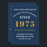 50th Birthday 1975 Blue Gold Personalized For Him Invitation<br><div class="desc">For those born in 1975 and celebrating their 50th birthday party we have the ideal birthday invitation card. The blue background with a white and gold design is simple and yet elegant. Easily customize the text to the front and the rear of this birthday invitation card using the template provided....</div>
