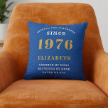 50th Birthday 1976 Add Name Blue Gold Personalized Throw Pillow<br><div class="desc">Celebrate a remarkable milestone with this elegant and modern Personalized 50th Birthday Throw Pillow, the perfect gift for someone born in 1976 This custom accent pillow features the striking, bold text "BORN 1976", for that person loved for 50 years (and counting)" and allows you to add a custom name (e.g.,...</div>