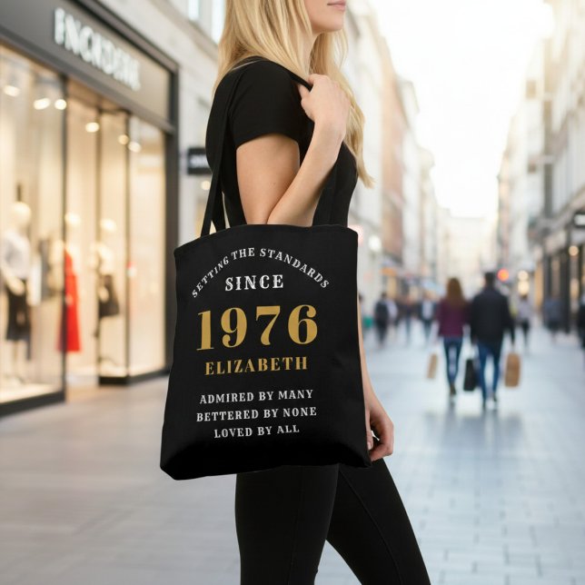 50th Birthday 1976 Black Gold For Her Personalized Tote Bag (Born 1976 birthday tote bag. Background out of focus.)