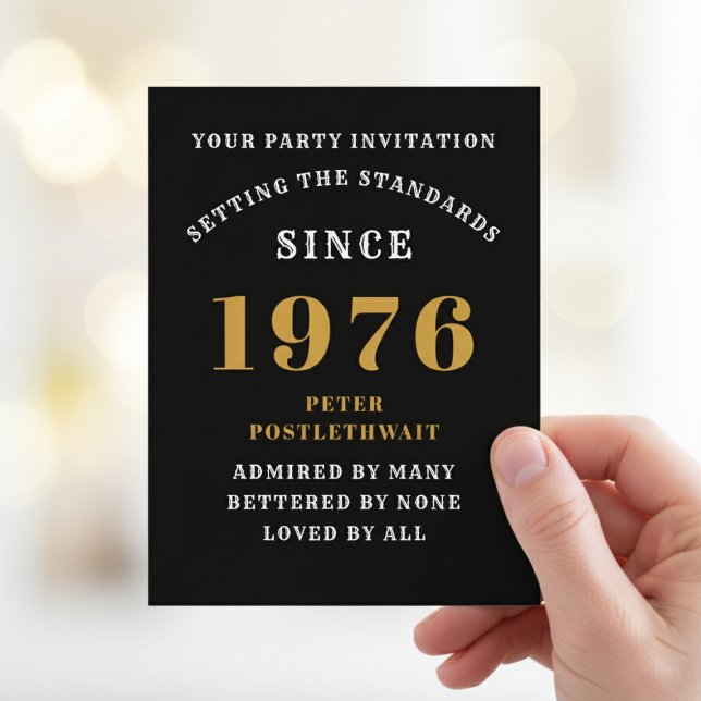 50th Birthday 1976 Black Gold Invitation (1976 birthday party invite. Blurred background.)