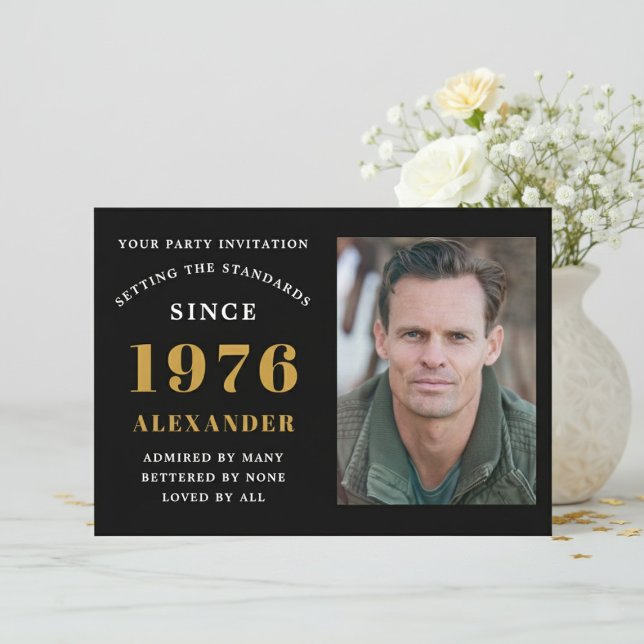 50th Birthday 1976 Black Gold Personalized Photo Invitation (1976 birthday invitation. White background with flowers.)