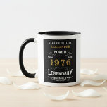 50th Birthday 1976 Legend Retro Black Personalized Mug<br><div class="desc">For those legends born in 1976 and celebrating their 50th birthday we have the ideal birthday coffee mug. The black background with a white and gold vintage typography design design is simple and yet elegant with a retro feel. Easily customize the text of this birthday gift using the template provided....</div>