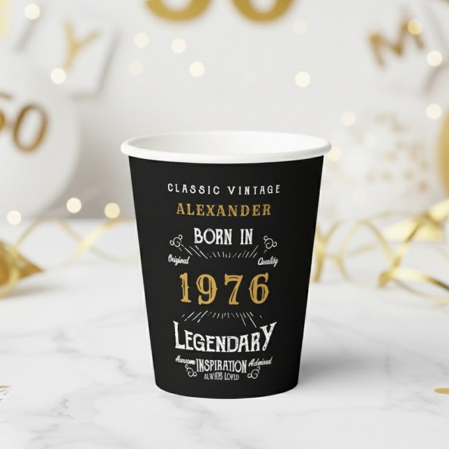 50th Birthday 1976 Legendary Retro Paper Cups (1976 birthday black paper cup on white and gold background.)
