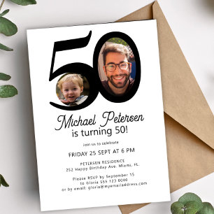 50th birthday 2 photos black white birthday party invitation