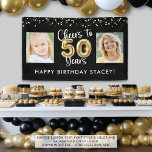 50th Birthday 2 Photos Cheers to 50 Years Banner<br><div class="desc">Celebrate a 50th birthday with this personalized custom colour banner with 2 pictures of her or him for a fun birthday sign or party decoration. The design features the title CHEERS TO 50 YEARS with gold foil balloon numbers and name or your custom text in your choice of text and...</div>