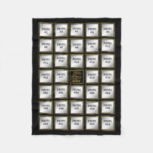 50th Birthday 34 Photo Collage, Gold Frames Fleece Blanket