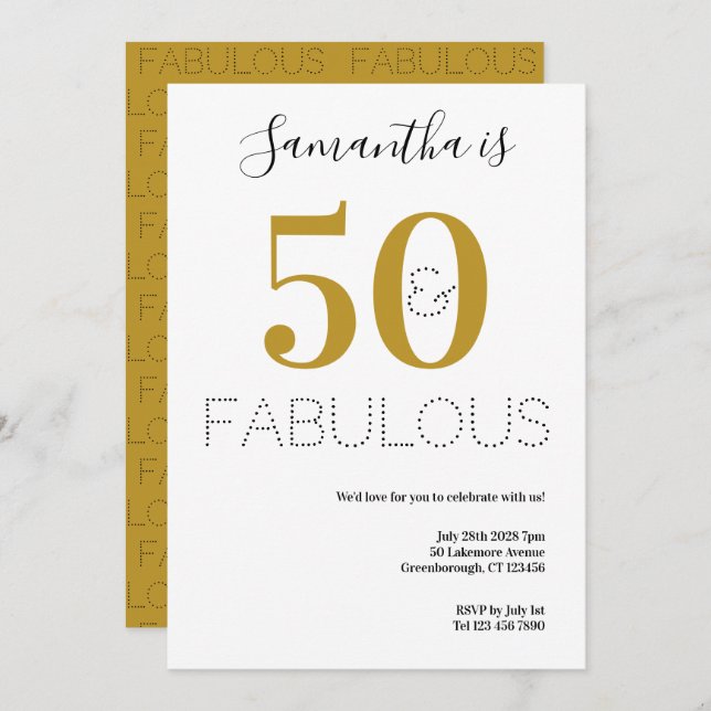 50th Birthday 50 and Fab Typography Gold Party Invitation (Front/Back)