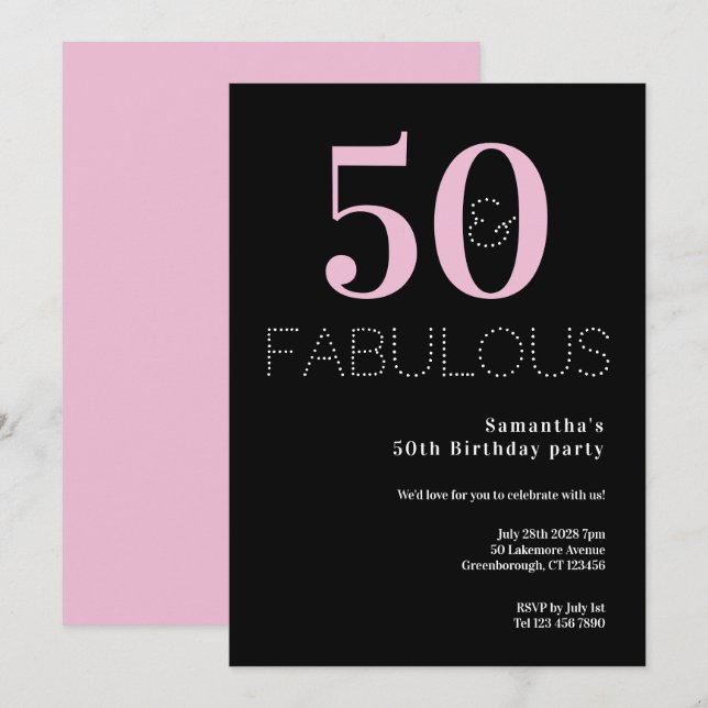 50th Birthday 50 and Fabulous Black Pink Party Invitation (Front/Back)